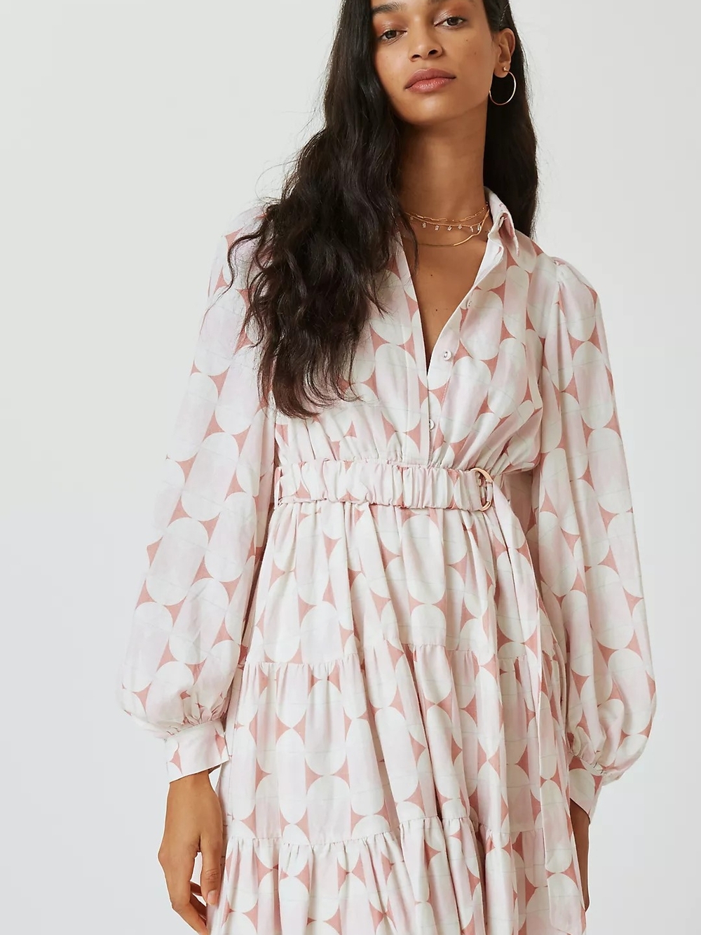 Bardot Junior Blush Geo Print Long Sleeve Tiered Shirt Dress Belt 16